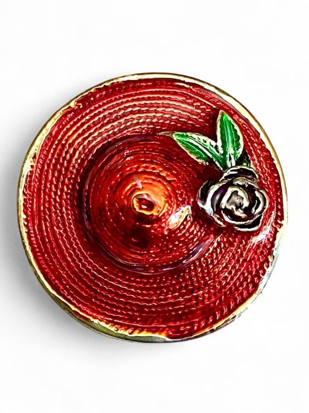 Vintage Red Enamel & Brass Wide Brim Hat Brooch Pin Rose Garden Party Whimsical